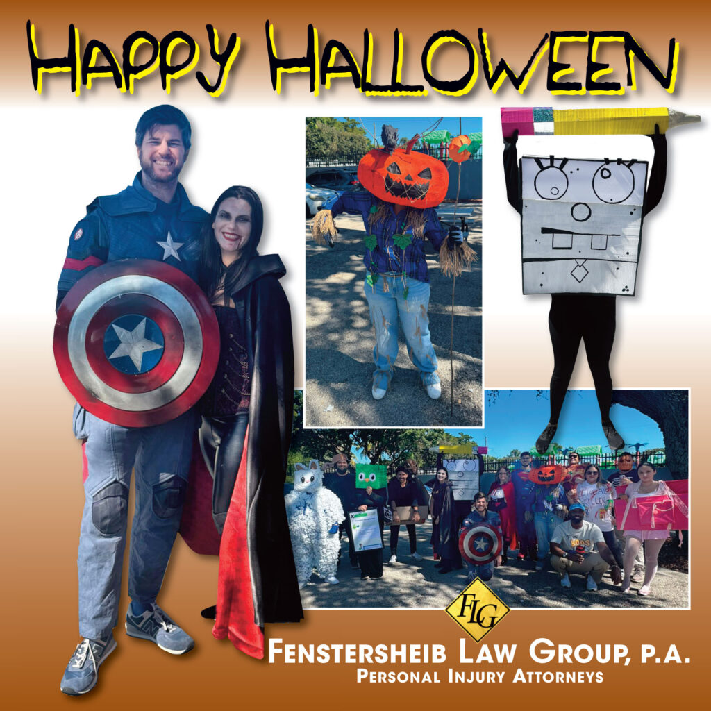 Fenstersheib Law Group staff in Halloween costumes including Captain America and a vampire, celebrating the holiday.